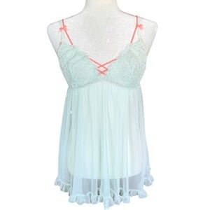 Victoria's Secret Lace & Mesh Mint Green Chemise Babydoll with Sheer Ruffle Trim